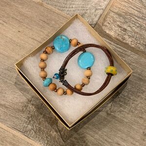Turquoise and Wood Beaded Bracelet Set